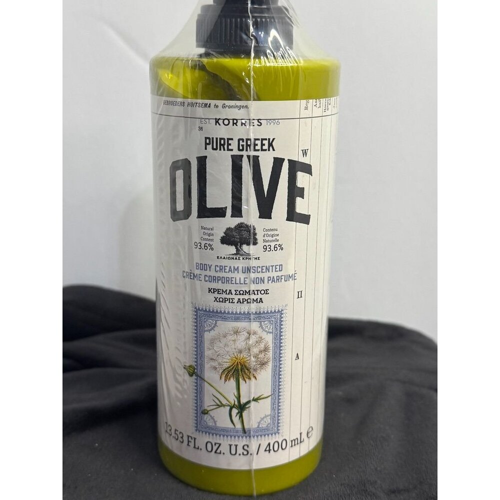 Korres Pure Greek Olive Body Cream Unscented 13.53 Fl Oz / 400 ml 93.6% Natural